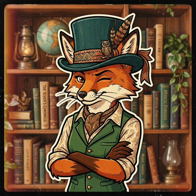 Whimsical Female Fox in Fedora Hat - Enchanting Sticker Art
