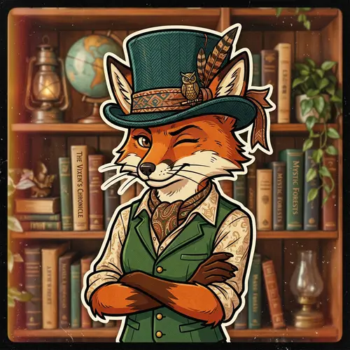Whimsical Female Fox in Fedora Top Hat with Vintage Camera | Sticker Style Art