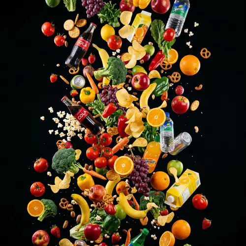 Colorful Food Products Cascading on Elegant Black Background