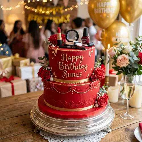 Realistic Red Birthday Cake with Beauty Products