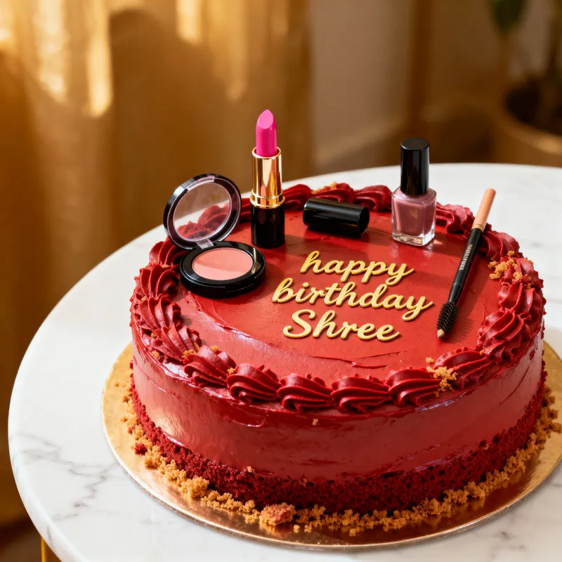 Realistic Red Birthday Cake with Beauty Products