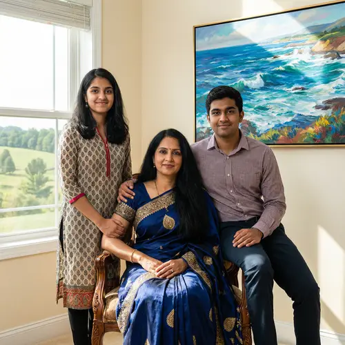Realistic Family Picture: South Asian Mother & Children in Vibrant Room Setting