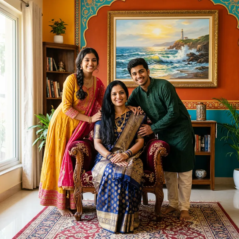 Vibrant Family Portrait: Indian Mother, Son, Daughter in Luxurious Setting Vibrant Family Portrait: Indian Mother, Son, Daughter in Luxurious Setting