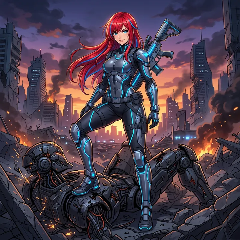Futuristic Anime Heroine in Dystopian Battle Scene
