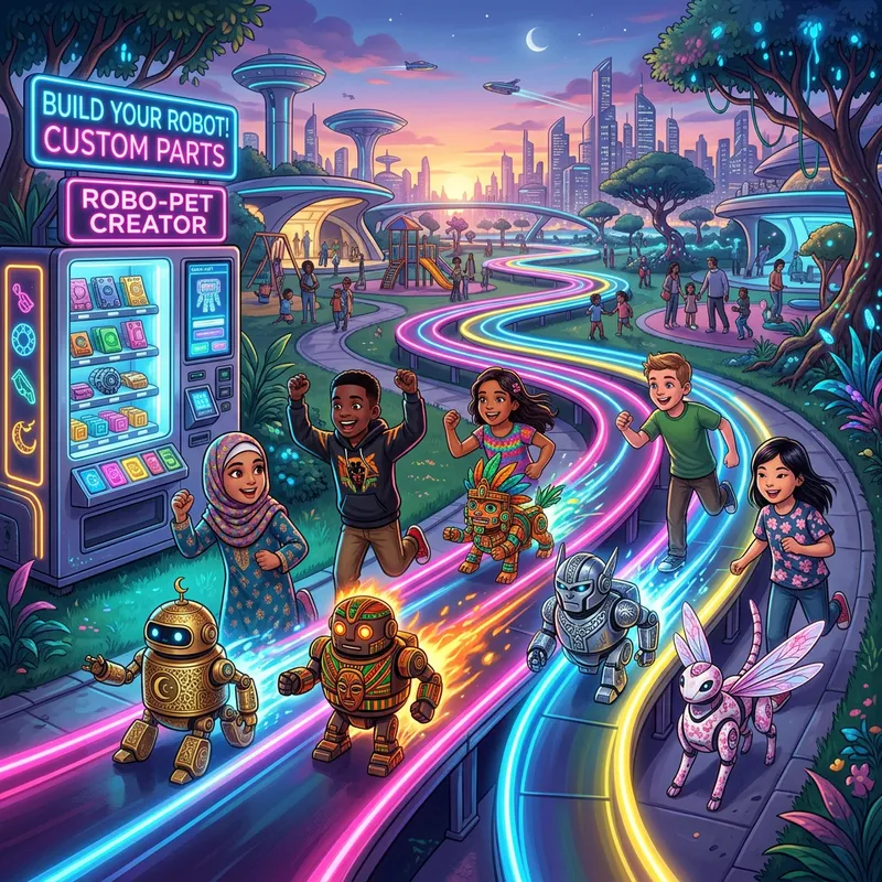 Diverse Children Racing Custom Robotic Pets in Futuristic Park