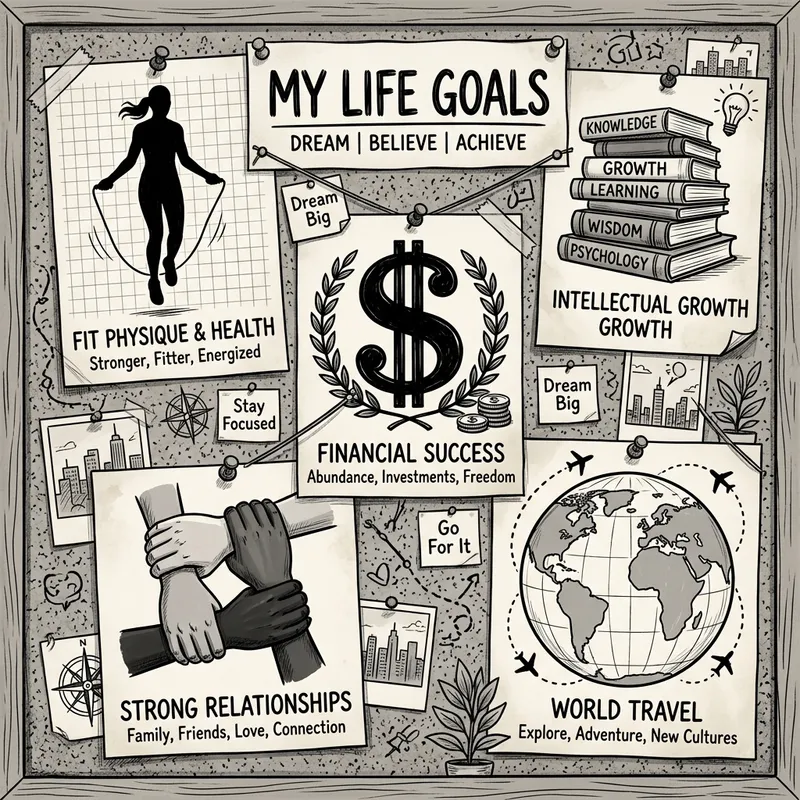 Create Black and Grey Dreamboard for Life Goals - Fitness, Growth, Success, Relationships, Travel