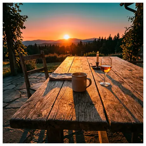 Rustic Wooden Table Bathed in Warm Setting Sun Glow