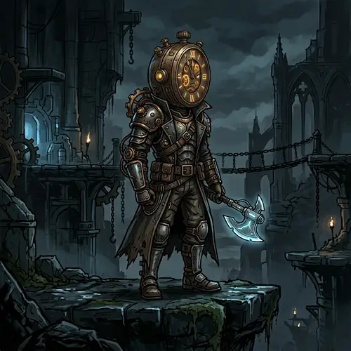 Unique Clock-Head 2D Character in Dark Platformer Game