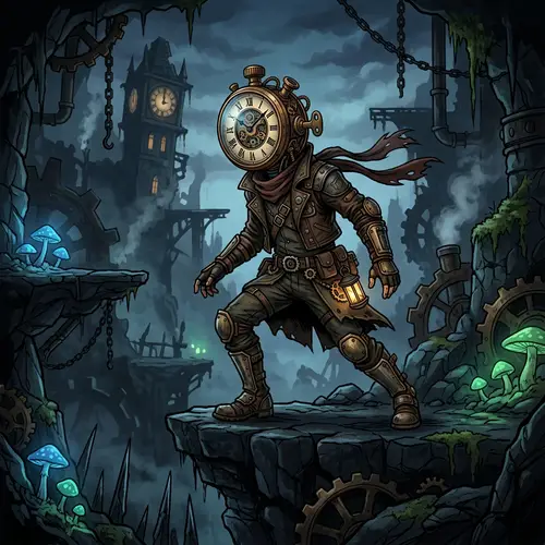 Dark Platformer Game Character with Clock Head