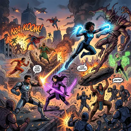 Epic Battle Scene with Diverse Superheroes - Comic Universe Showcase