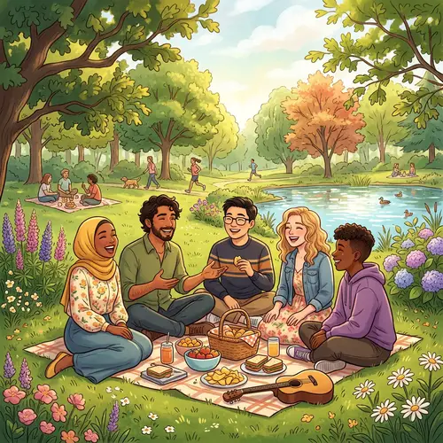 Heartwarming Scene of Diverse Friends Laughing in Park