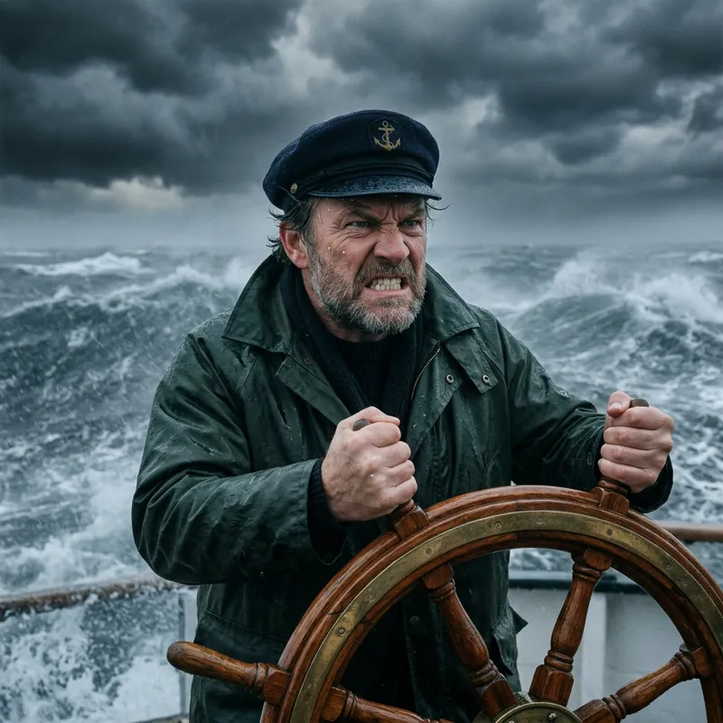 Aggressive Seafarer Steering Ship in Stormy Seas Aggressive Seafarer Steering Ship in Stormy Seas