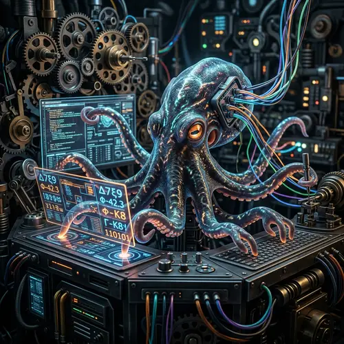 Intriguing Cephalopod-Like Creature in a Web of Mechanical Gears