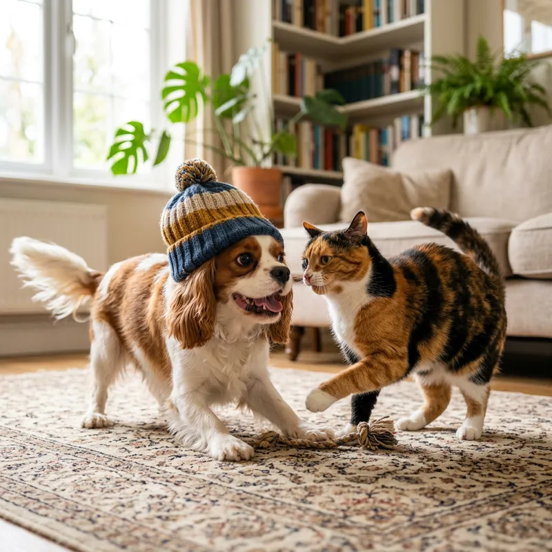 Cute Dog Wearing Hat Plays with Cat | Playful Encounter