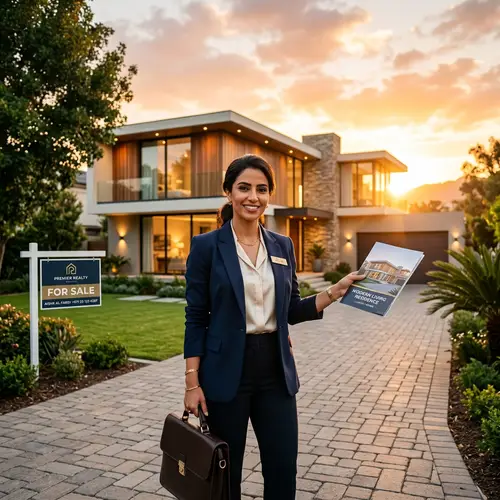 Confident Middle Eastern Female Realtor Selling Modern House