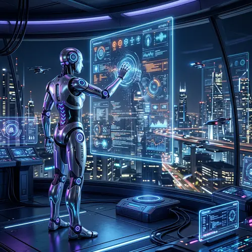 Futuristic Humanoid Robot Displaying Personal Data