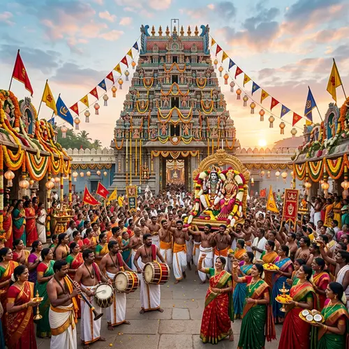 Traditional Hindu Temple Festival: Majestic Scene with Vibrant Colors