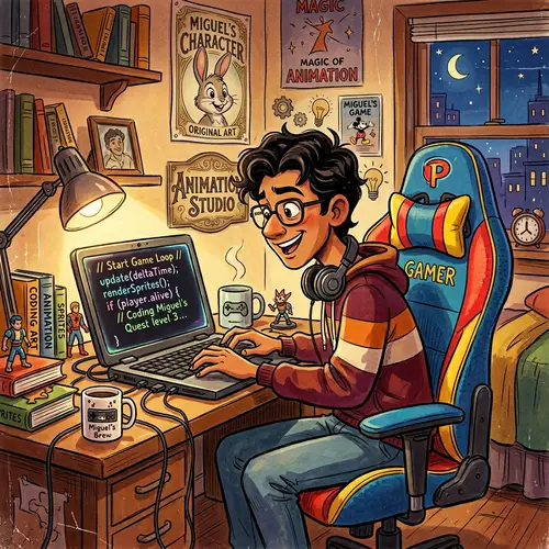 Young Hispanic Male Programming in Disney Pixar Style