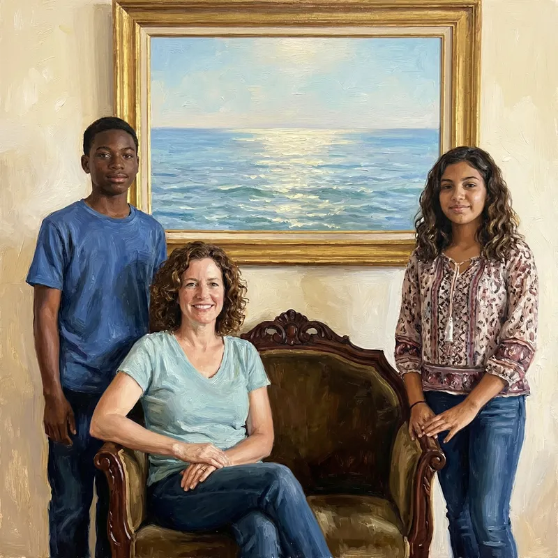 Realistic Family Portrait with Royal Chair and Ocean Painting