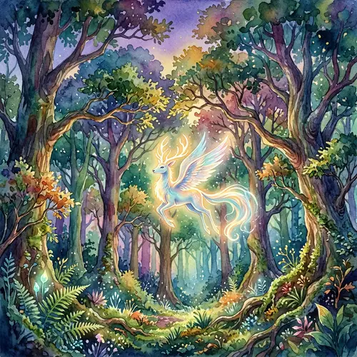 Mythical Creature in Dreamy Forest | Vibrant Watercolor Fantasy