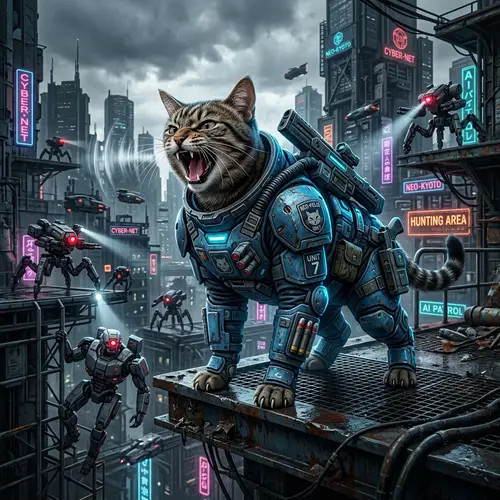 Courageous Cat in Blue Spacesuit: Mighty Meow in Dystopian Cyberpunk City