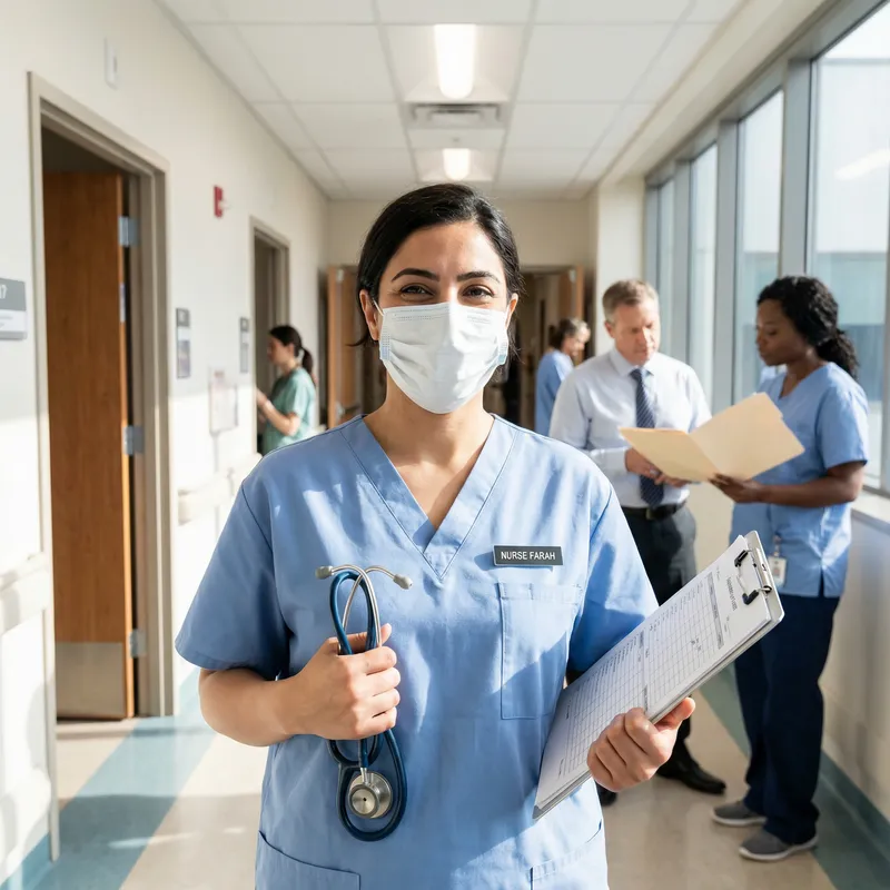 Middle-Eastern Female Nurse in Light Blue Scrubs in a Hospital Corridor Middle-Eastern Female Nurse in Light Blue Scrubs in a Hospital Corridor