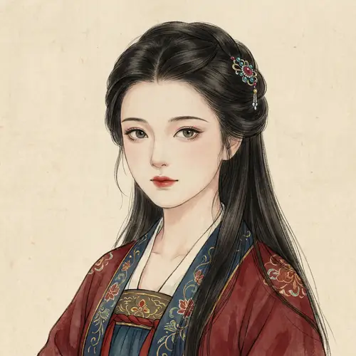 Exquisite Chinese Girl with Long Flowing Black Hair in Traditional Painting Style