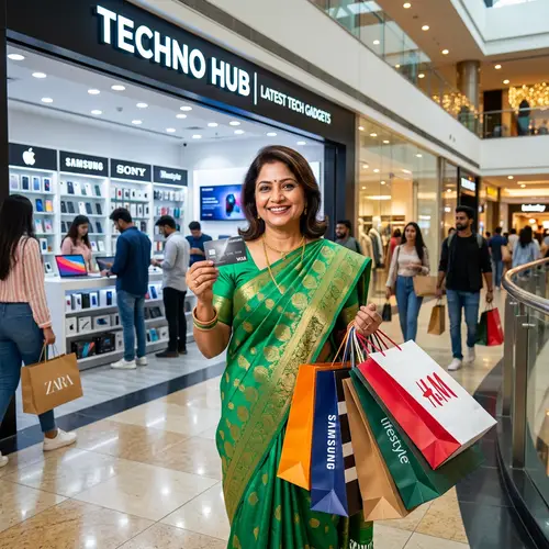 Middle-Aged South Asian Woman Shopping Spree with Credit Card