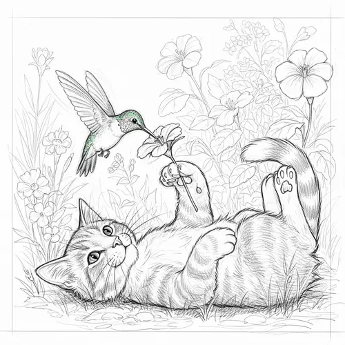 Humminbird and Cat Sketch Art