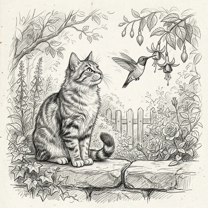 Humminbird and Cat Sketch Art