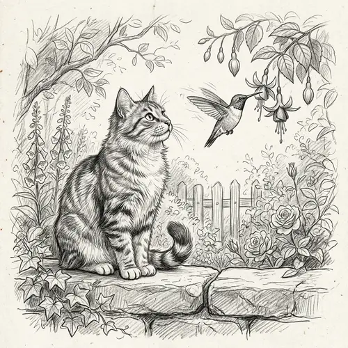 Humminbird and Cat Sketch Art