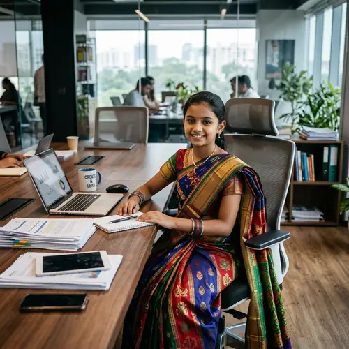 South Asian Girl in Vibrant Saree at Modern Office | Female Empowerment