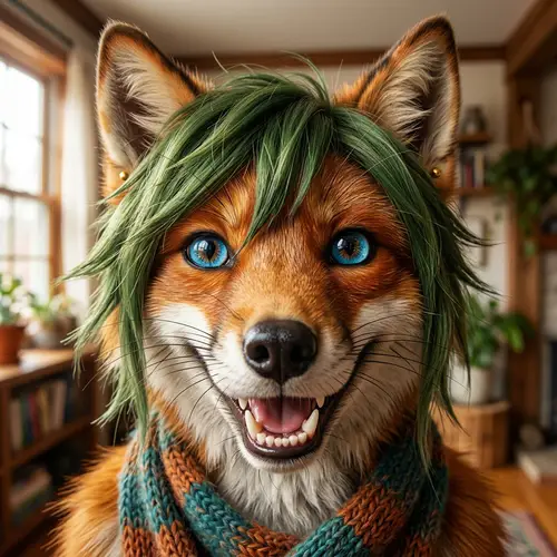 Hyper-Realistic Female Furry Fox Portrait: Blue Eyes & Green Hair