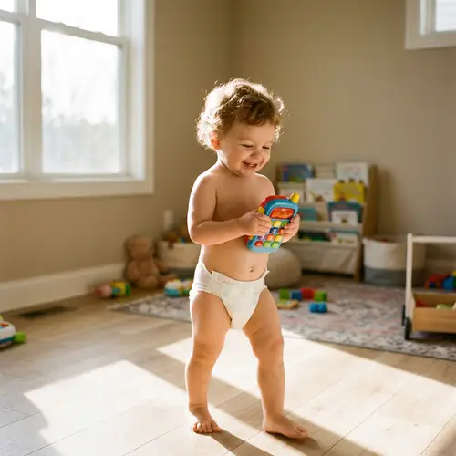 Toddler Boy Playing with Toy in Sunlit Room