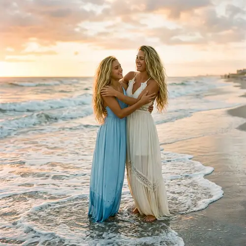 Radiant Sisters at Beach: Youthful Elegance and Sibling Affection