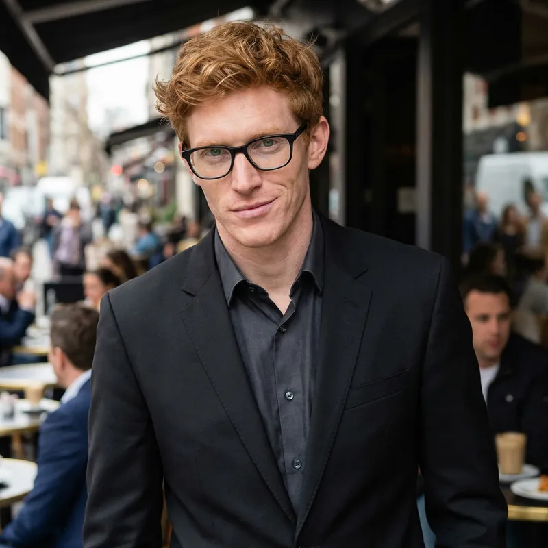 Stylish Male Model in Black Suit and Glasses