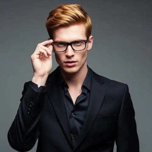 Stylish Male Model in Black Suit and Glasses