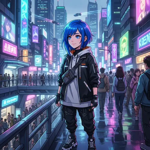 Expressive Anime Character with Blue Hair in Futuristic City