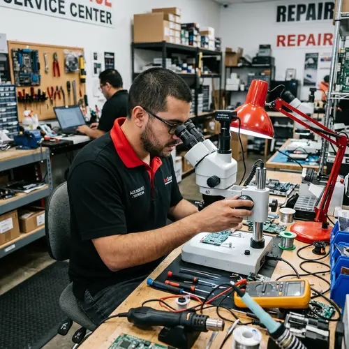 Hispanic Computer Technician at Service Center | Microscope Focus Adjustment