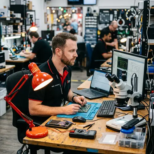 Caucasian Computer Technician in Black Shirt at Service Center