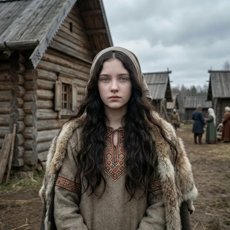 14-Year-Old Girl with Black Wavy Hair and Pale Blue Eyes in Ancient Russian Setting 14-Year-Old Girl with Black Wavy Hair and Pale Blue Eyes in Ancient Russian Setting
