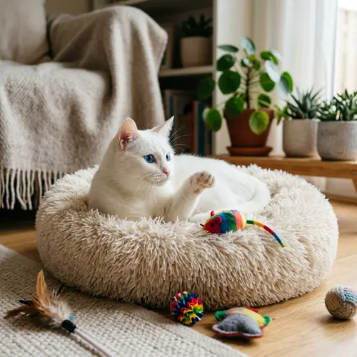 Adorable White Cat Playing with Toy Mouse | Cozy Cat Bed