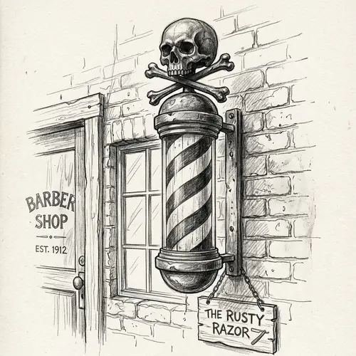Realistic Pencil Drawing of Antique Barber Pole with Skull and Crossbones