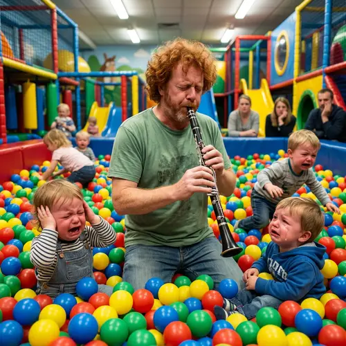 Red-Haired Clarinet Player in Crying Kids Ball Pit
