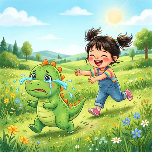 Asiatic Girl Chasing Sad Green Dinosaur | Illustration