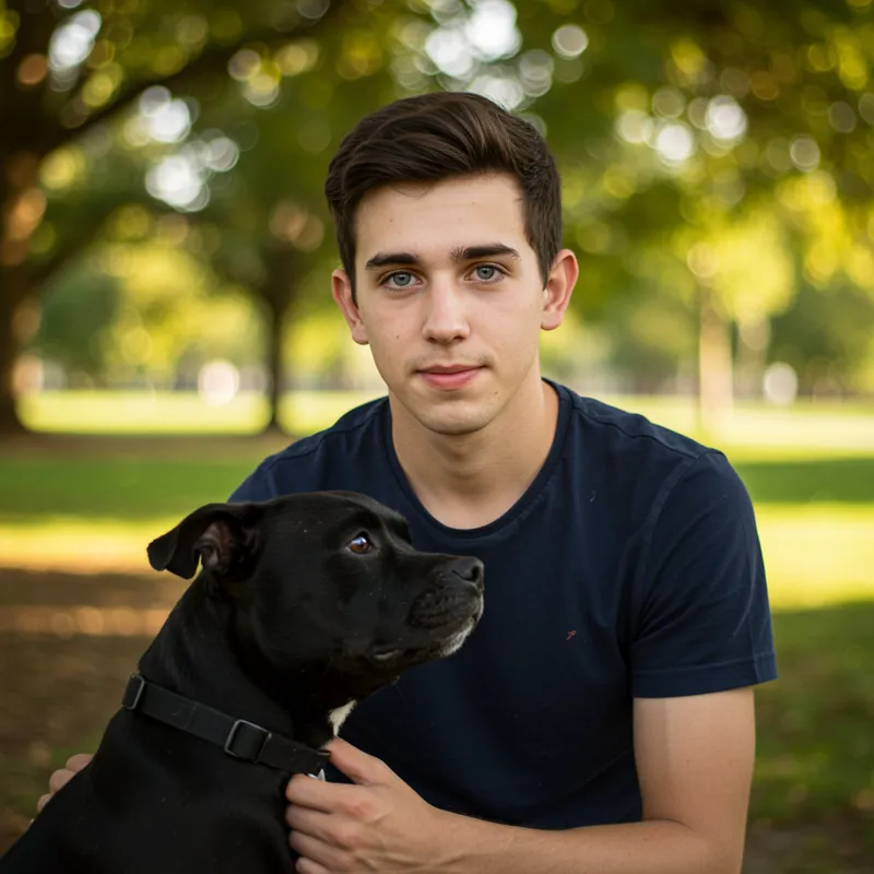 27-Year-Old Man with Staffie Dog in Navy T-Shirt 27-Year-Old Man with Staffie Dog in Navy T-Shirt