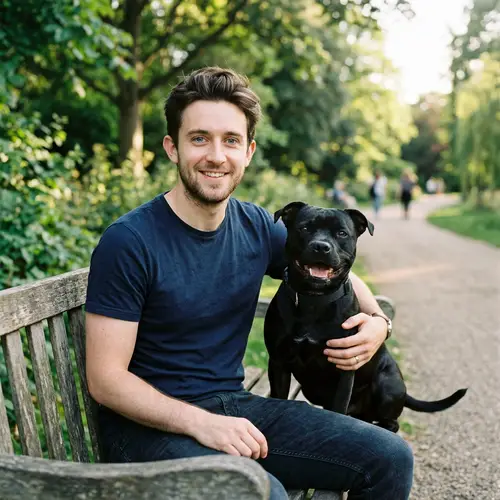 27-Year-Old Man with Staffie Dog in Navy T-Shirt