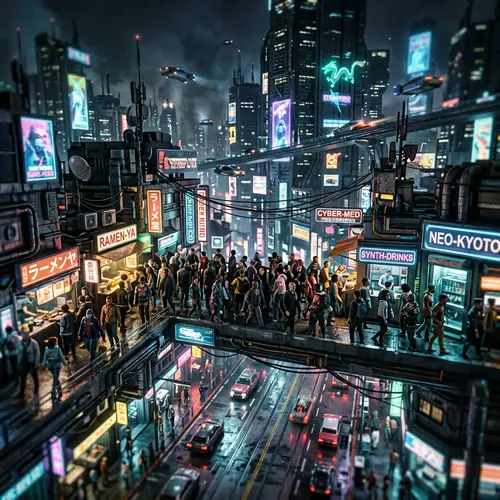 Futuristic Cyberpunk Cityscape with Diverse Crowds