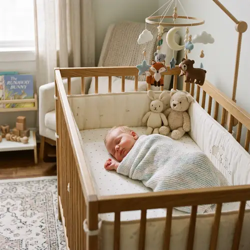 Adorable Newborn Baby in Soft Blanket in Wooden Crib