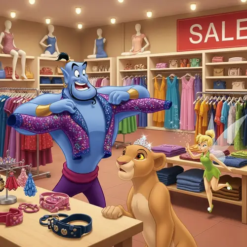 Aladdin's Genie, Nala & Tinkerbell in a Clothing Store